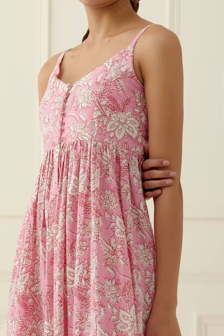 Musal_Pink Cotton V-neck Floral Print Maxi Dress _Online_at_Aza_Fashions