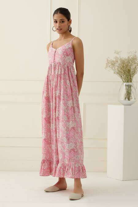 Buy_Musal_Pink Cotton V-neck Floral Print Maxi Dress _Online_at_Aza_Fashions