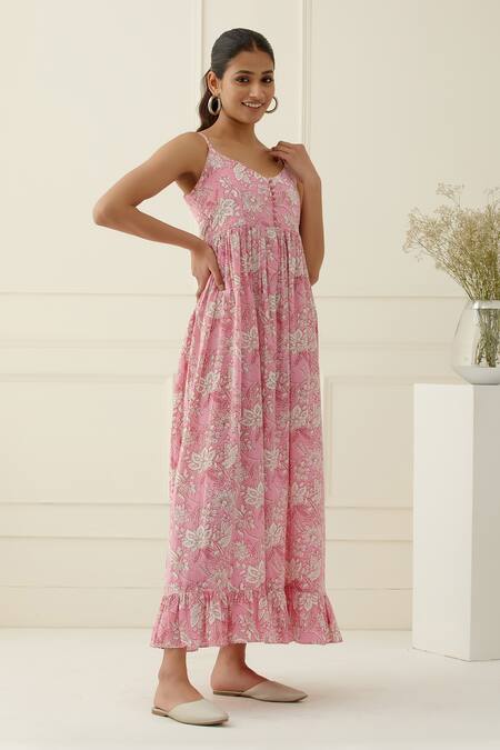 Shop_Musal_Pink Cotton V-neck Floral Print Maxi Dress _Online_at_Aza_Fashions