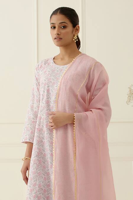 Buy_Musal_White Cotton, Kota Doria Round Neck Floral Printed Kurta Set_Online_at_Aza_Fashions