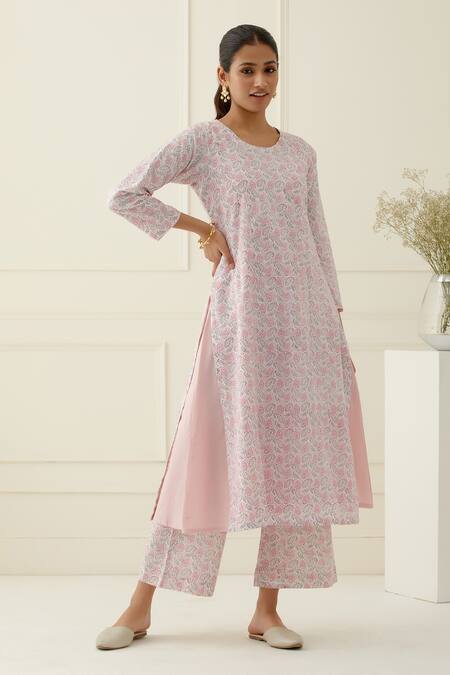 Buy_Musal_White Cotton, Kota Doria Round Neck Floral Printed Kurta Set