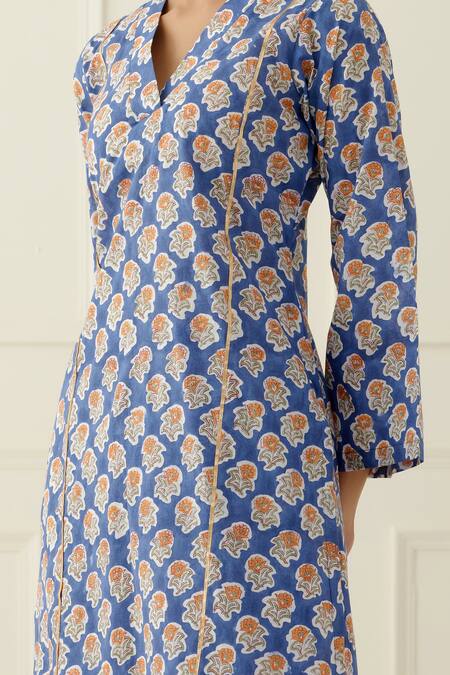 Buy_Musal_Blue Cotton, Kota Doria V-neck Floral Print Straight Kurta Set 