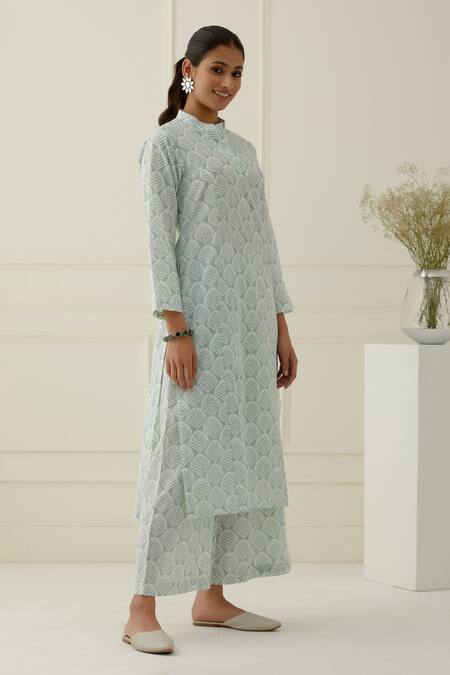 Buy_Musal_Green Cotton, Kota Doria Mandarin Collar Printed Sea Kurta Set_Online_at_Aza_Fashions