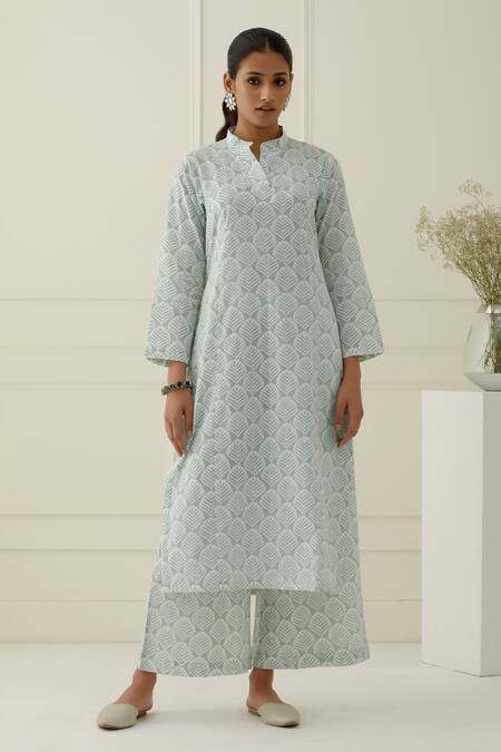 Shop_Musal_Green Cotton, Kota Doria Mandarin Collar Printed Sea Kurta Set_Online_at_Aza_Fashions