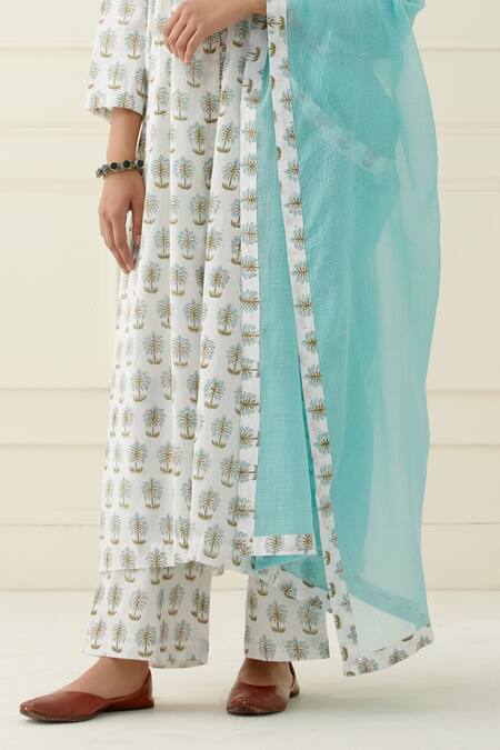Buy_Musal_White Cotton, Kota Doria Round Neck Printed Kurta Set 