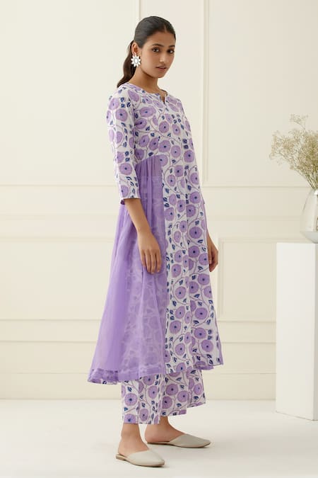 Musal_White Cotton, Kota Doria Embroidery Round Neck Printed Kurta Set With Overlay_Online_at_Aza_Fashions