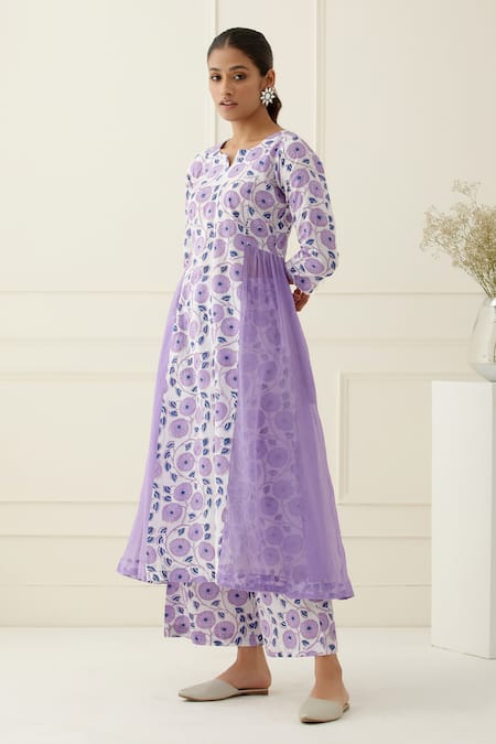 Buy_Musal_White Cotton, Kota Doria Embroidery Round Neck Printed Kurta Set With Overlay_Online_at_Aza_Fashions