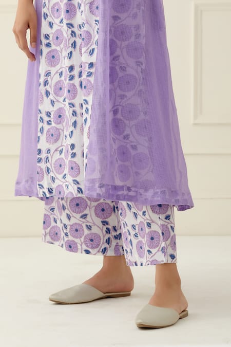 Musal_White Cotton, Kota Doria Embroidery Round Neck Printed Kurta Set With Overlay_at_Aza_Fashions