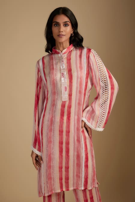 Nadima Saqib Pink Cotton Embroidery, Lace Mandarin Collar Striped Crush Kurta Set Online at Aza Fashions Nadima Saqib_Pink Cotton Embroidery, Lace Mandarin Collar Striped Crush Kurta Set _Online_at_Aza_Fashions