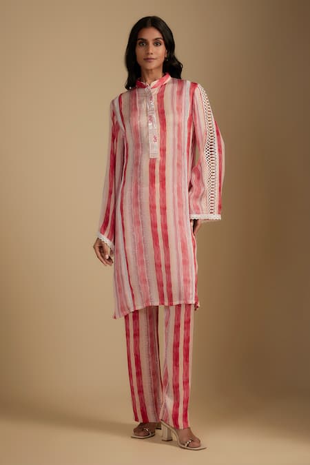 Buy Nadima Saqib Pink Cotton Embroidery, Lace Mandarin Collar Striped Crush Kurta Set Online at Aza Fashions Buy_Nadima Saqib_Pink Cotton Embroidery, Lace Mandarin Collar Striped Crush Kurta Set _Online_at_Aza_Fashions