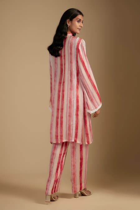 Shop Nadima Saqib Pink Cotton Embroidery, Lace Mandarin Collar Striped Crush Kurta Set at Aza Fashions Shop_Nadima Saqib_Pink Cotton Embroidery, Lace Mandarin Collar Striped Crush Kurta Set _at_Aza_Fashions