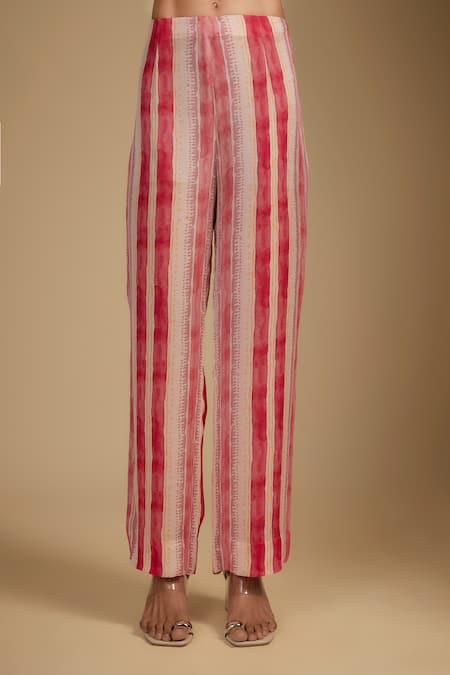 Shop Nadima Saqib Pink Cotton Embroidery, Lace Mandarin Collar Striped Crush Kurta Set Online at Aza Fashions Shop_Nadima Saqib_Pink Cotton Embroidery, Lace Mandarin Collar Striped Crush Kurta Set _Online_at_Aza_Fashions