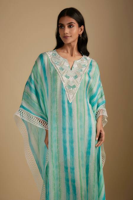 Nadima Saqib Cobalt Cotton Sequins, Beads V-neck Cyan Blue Designer Kaftan Online at Aza Fashions Nadima Saqib_Cobalt Cotton Sequins, Beads V-neck Cyan Blue Designer Kaftan _Online_at_Aza_Fashions