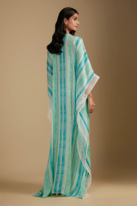 Shop Nadima Saqib Cobalt Cotton Sequins, Beads V-neck Cyan Blue Designer Kaftan at Aza Fashions Shop_Nadima Saqib_Cobalt Cotton Sequins, Beads V-neck Cyan Blue Designer Kaftan _at_Aza_Fashions