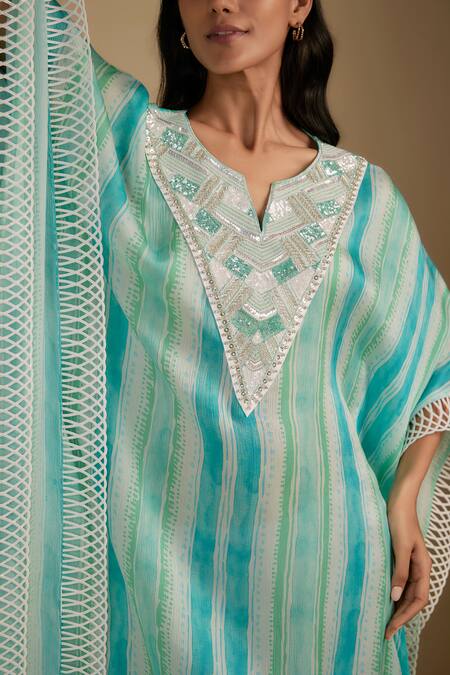 Buy Nadima Saqib Cobalt Cotton Sequins, Beads V-neck Cyan Blue Designer Kaftan Online at Aza Fashions Buy_Nadima Saqib_Cobalt Cotton Sequins, Beads V-neck Cyan Blue Designer Kaftan _Online_at_Aza_Fashions
