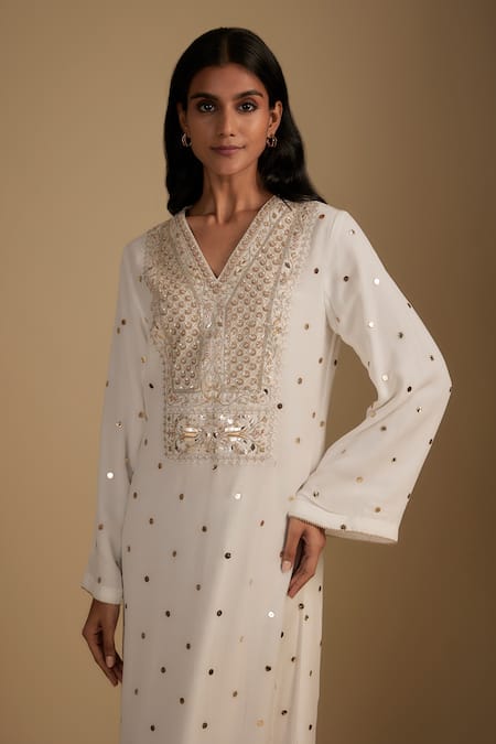 Nadima Saqib_White Georgette Sequins, Embroidery V-neck Kaftan _Online_at_Aza_Fashions