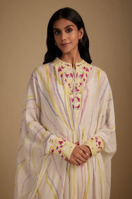 Nadima Saqib White Cotton Embroidery Round Neck Designer Kaftan Set With Inner Slip Online at Aza Fashions Nadima Saqib_White Cotton Embroidery Round Neck Designer Kaftan Set With Inner Slip _Online_at_Aza_Fashions