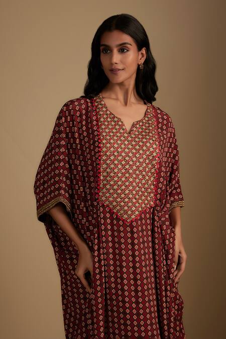 Nadima Saqib Brown Crepe Embroidery Split V-neck Designer Printed Kaftan Online at Aza Fashions Nadima Saqib_Brown Crepe Embroidery Split V-neck Designer Printed Kaftan _Online_at_Aza_Fashions