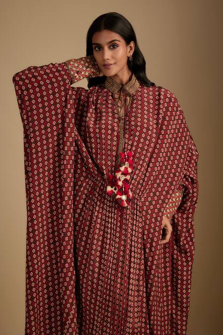 Nadima Saqib Brown Crepe Tassels, Embroidery Collared Designer Printed Kaftan Online at Aza Fashions Nadima Saqib_Brown Crepe Tassels, Embroidery Collared Designer Printed Kaftan _Online_at_Aza_Fashions