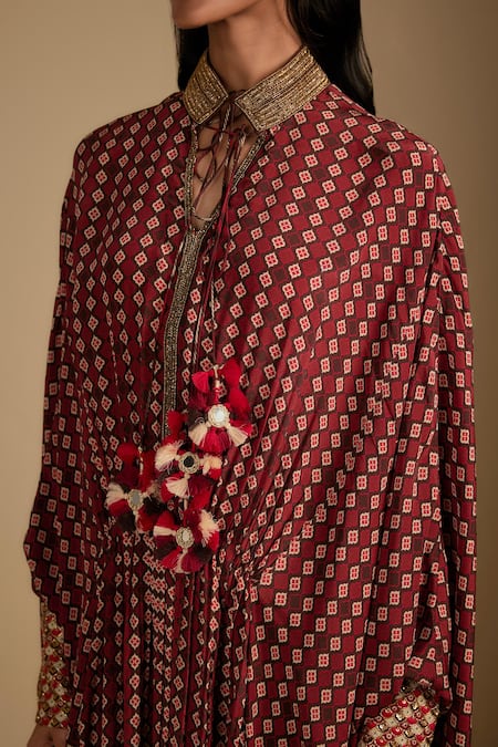 Buy Nadima Saqib Brown Crepe Tassels, Embroidery Collared Designer Printed Kaftan Online at Aza Fashions Buy_Nadima Saqib_Brown Crepe Tassels, Embroidery Collared Designer Printed Kaftan _Online_at_Aza_Fashions