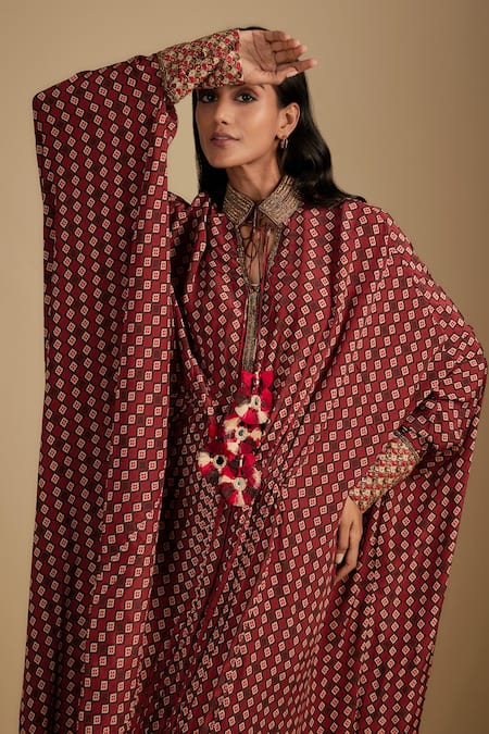 Shop Nadima Saqib Brown Crepe Tassels, Embroidery Collared Designer Printed Kaftan Online at Aza Fashions Shop_Nadima Saqib_Brown Crepe Tassels, Embroidery Collared Designer Printed Kaftan _Online_at_Aza_Fashions