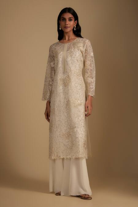 Buy_Nadima Saqib_White Organza, Crepe, Georgette Embroidery Round Neck Kurta Set With Sharara _Online_at_Aza_Fashions