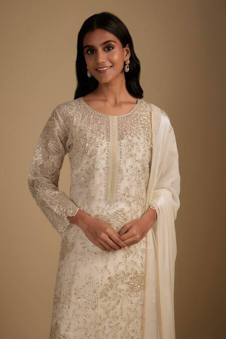 Shop_Nadima Saqib_White Organza, Crepe, Georgette Embroidery Round Neck Kurta Set With Sharara _Online_at_Aza_Fashions