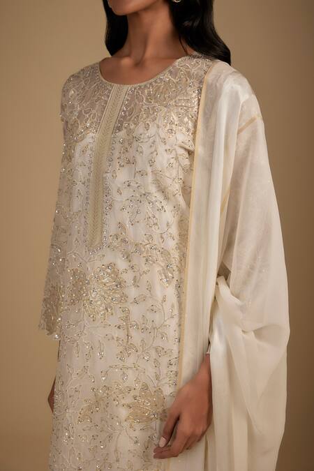 Nadima Saqib_White Organza, Crepe, Georgette Embroidery Round Neck Kurta Set With Sharara _at_Aza_Fashions