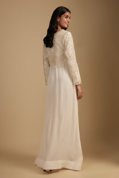 Shop Nadima Saqib White Crepe, Organza Embroidery, Sequins V-neck Maxi Dress And Crop Top Set at Aza Fashions Shop_Nadima Saqib_White Crepe, Organza Embroidery, Sequins V-neck Maxi Dress And Crop Top Set _at_Aza_Fashions