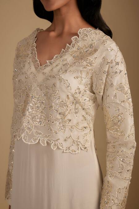 Nadima Saqib White Crepe, Organza Embroidery, Sequins V-neck Maxi Dress And Crop Top Set Online at Aza Fashions Nadima Saqib_White Crepe, Organza Embroidery, Sequins V-neck Maxi Dress And Crop Top Set _Online_at_Aza_Fashions