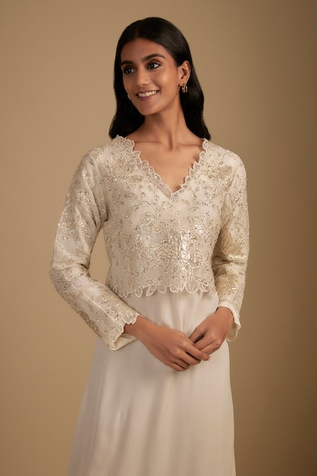 Buy Nadima Saqib White Crepe, Organza Embroidery, Sequins V-neck Maxi Dress And Crop Top Set Online at Aza Fashions Buy_Nadima Saqib_White Crepe, Organza Embroidery, Sequins V-neck Maxi Dress And Crop Top Set _Online_at_Aza_Fashions