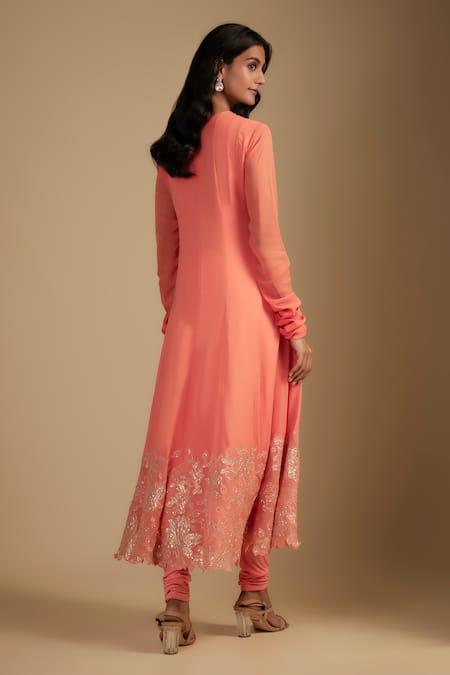 Shop_Nadima Saqib_Peach Georgette, Organza, Lycra Embroidery Round Neck Anarkali Set _at_Aza_Fashions