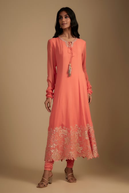 Buy_Nadima Saqib_Peach Georgette, Organza, Lycra Embroidery Round Neck Anarkali Set _Online_at_Aza_Fashions