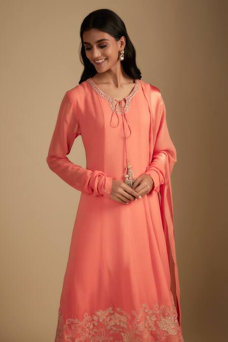 Shop_Nadima Saqib_Peach Georgette, Organza, Lycra Embroidery Round Neck Anarkali Set _Online_at_Aza_Fashions