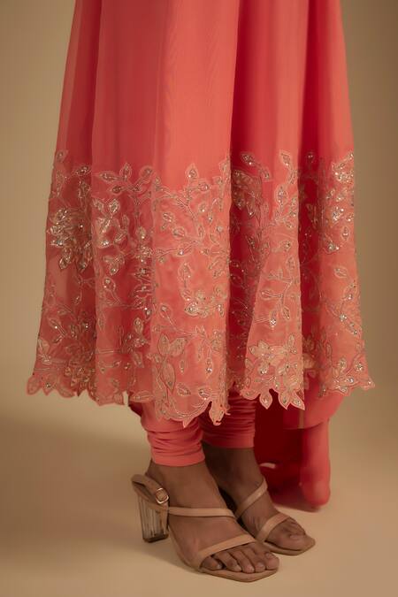 Nadima Saqib_Peach Georgette, Organza, Lycra Embroidery Round Neck Anarkali Set _at_Aza_Fashions