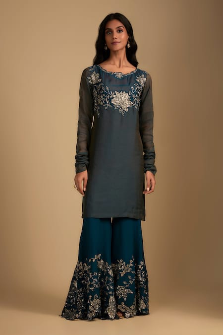 Nadima Saqib Cobalt Chanderi, Tissue, Georgette, Organza Embroidery Round Blue Kurta Set Online at Aza Fashions Nadima Saqib_Cobalt Chanderi, Tissue, Georgette, Organza Embroidery Round Blue Kurta Set _Online_at_Aza_Fashions