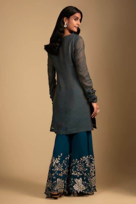 Shop Nadima Saqib Cobalt Chanderi, Tissue, Georgette, Organza Embroidery Round Blue Kurta Set at Aza Fashions Shop_Nadima Saqib_Cobalt Chanderi, Tissue, Georgette, Organza Embroidery Round Blue Kurta Set _at_Aza_Fashions