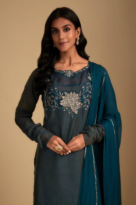 Shop Nadima Saqib Cobalt Chanderi, Tissue, Georgette, Organza Embroidery Round Blue Kurta Set Online at Aza Fashions Shop_Nadima Saqib_Cobalt Chanderi, Tissue, Georgette, Organza Embroidery Round Blue Kurta Set _Online_at_Aza_Fashions