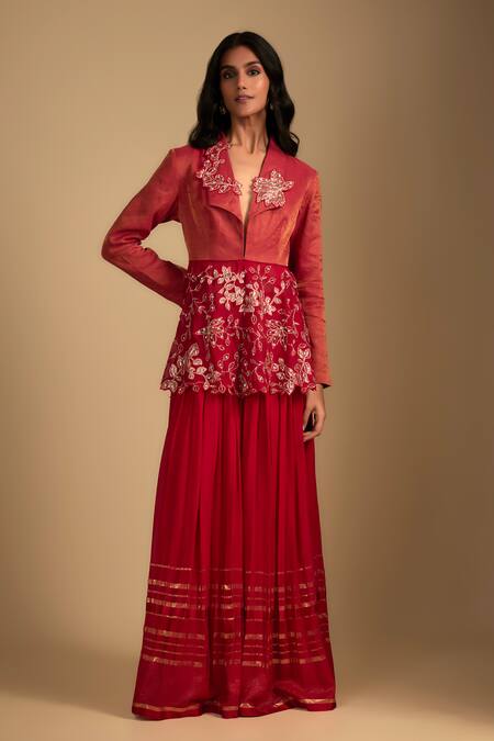 Nadima Saqib_Red Chanderi, Tissue, Organza, Georgette Embroidery Collared Kurta Set _Online_at_Aza_Fashions