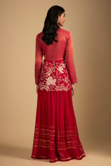 Shop_Nadima Saqib_Red Chanderi, Tissue, Organza, Georgette Embroidery Collared Kurta Set _at_Aza_Fashions