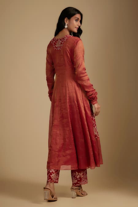 Shop Nadima Saqib Red Chanderi, Tissue, Silk, Georgette Anarkali Set With Pant And Dupatta at Aza Fashions Shop_Nadima Saqib_Red Chanderi, Tissue, Silk, Georgette Anarkali Set With Pant And Dupatta _at_Aza_Fashions