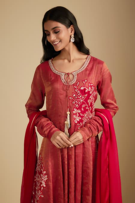 Buy Nadima Saqib Red Chanderi, Tissue, Silk, Georgette Anarkali Set With Pant And Dupatta Online at Aza Fashions Buy_Nadima Saqib_Red Chanderi, Tissue, Silk, Georgette Anarkali Set With Pant And Dupatta _Online_at_Aza_Fashions