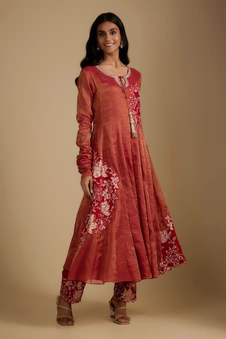 Shop Nadima Saqib Red Chanderi, Tissue, Silk, Georgette Anarkali Set With Pant And Dupatta Online at Aza Fashions Shop_Nadima Saqib_Red Chanderi, Tissue, Silk, Georgette Anarkali Set With Pant And Dupatta _Online_at_Aza_Fashions