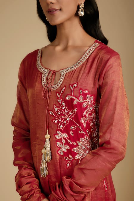 Nadima Saqib Red Chanderi, Tissue, Silk, Georgette Anarkali Set With Pant And Dupatta at Aza Fashions Nadima Saqib_Red Chanderi, Tissue, Silk, Georgette Anarkali Set With Pant And Dupatta _at_Aza_Fashions