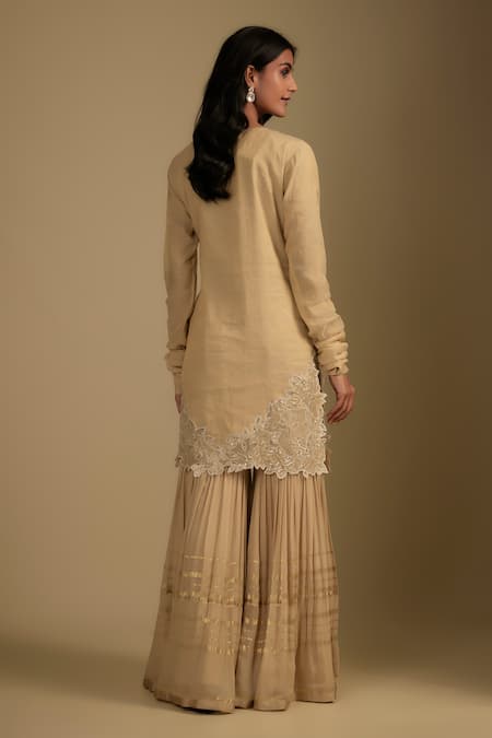 Shop Nadima Saqib Beige Chanderi, Tissue, Georgette Embroidery Round Neck Kurta Set at Aza Fashions Shop_Nadima Saqib_Beige Chanderi, Tissue, Georgette Embroidery Round Neck Kurta Set _at_Aza_Fashions