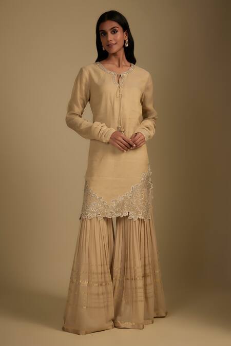 Buy Nadima Saqib Beige Chanderi, Tissue, Georgette Embroidery Round Neck Kurta Set Online at Aza Fashions Buy_Nadima Saqib_Beige Chanderi, Tissue, Georgette Embroidery Round Neck Kurta Set _Online_at_Aza_Fashions