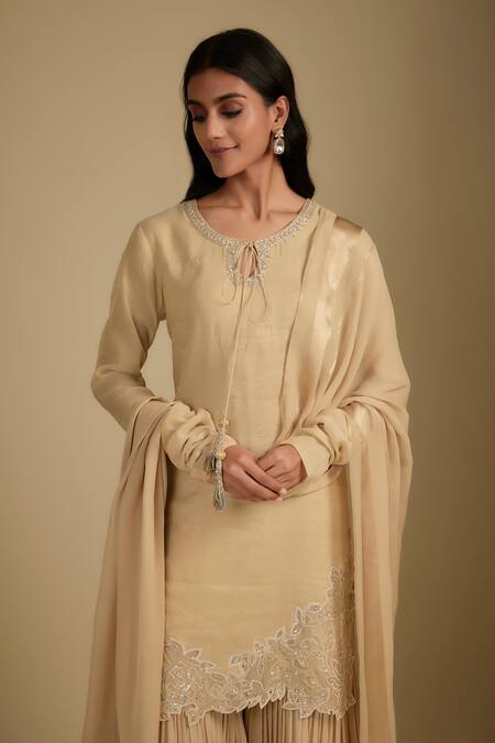 Shop Nadima Saqib Beige Chanderi, Tissue, Georgette Embroidery Round Neck Kurta Set Online at Aza Fashions Shop_Nadima Saqib_Beige Chanderi, Tissue, Georgette Embroidery Round Neck Kurta Set _Online_at_Aza_Fashions