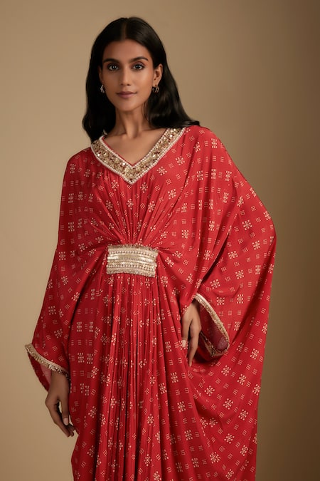 Nadima Saqib_Red Crepe Sequins, Embroidery V-neck Designer Kaftan _Online_at_Aza_Fashions