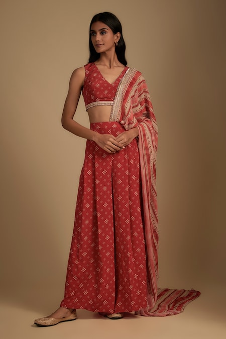 Shop Nadima Saqib Red Crepe, Georgette Embroidery V-neck Printed Pant Saree Set Online at Aza Fashions Shop_Nadima Saqib_Red Crepe, Georgette Embroidery V-neck Printed Pant Saree Set _Online_at_Aza_Fashions