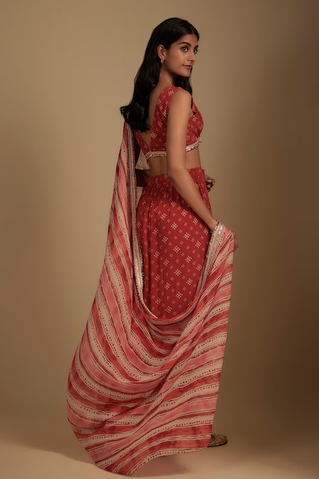 Nadima Saqib Red Printed Pant Saree Set 